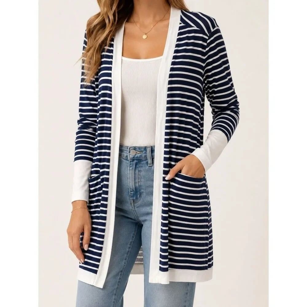 Magic Fit Cardigan Women Medium Navy White EUC Striped Open Front Pocket USA